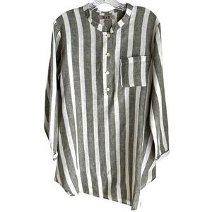 Flax 100% Linen Gray White Striped Tunic Top Size P = 4-6